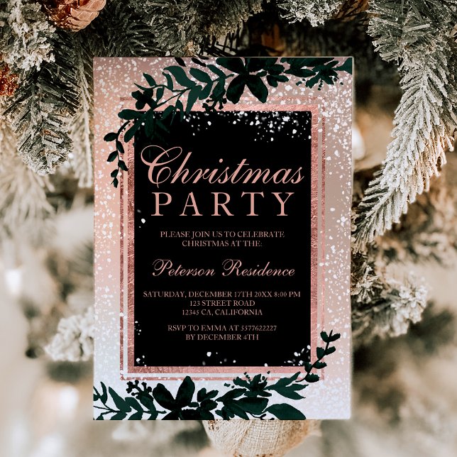 Convites Rosa dourado folha de neve elegante Natal (Rose gold typography leaf snow elegant Christmas Invitation)