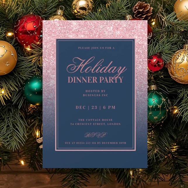Convites Rosa Dourado Formal FAUX Brilho Jantar Naval  (Formal Rose Gold FAUX Glitter Holiday Dinner Navy Invitation)