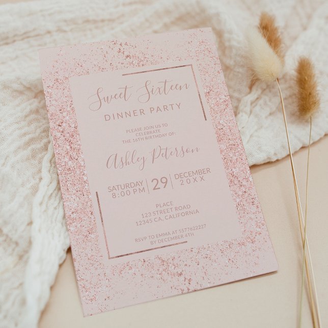 Convites Rosa dourado fusível fuselagem pastel cor-de-rosa  (Rose gold glitter frame pastel blush pink sweet 16 invitation)