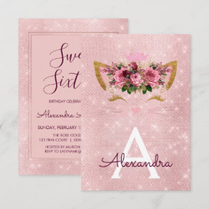 Convites Rosa Dourado Gatinho Sparkle Doce Dezesseis Aniver