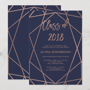 Convites Rosa Dourado Geométrico na Festa de formatura Azul