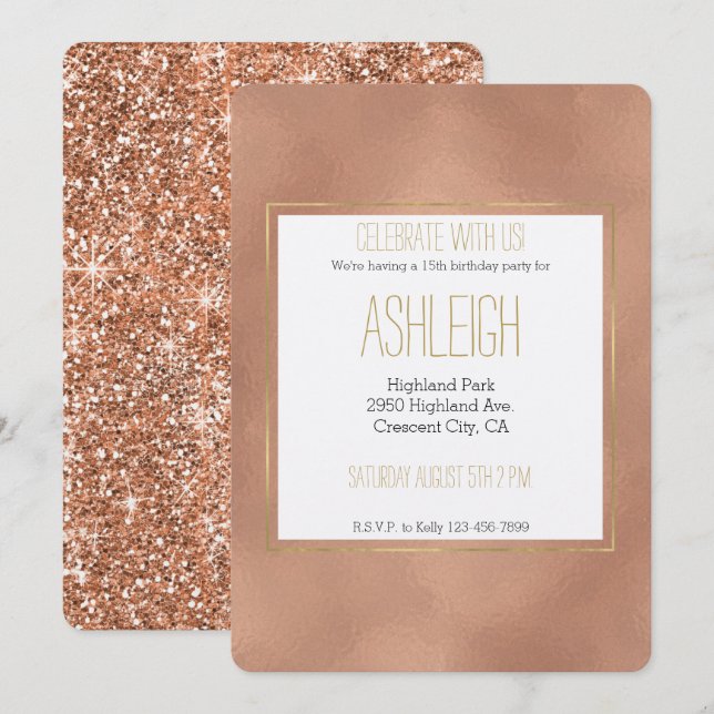 Convites Rosa Dourado Glam Birthday (Frente/Verso)