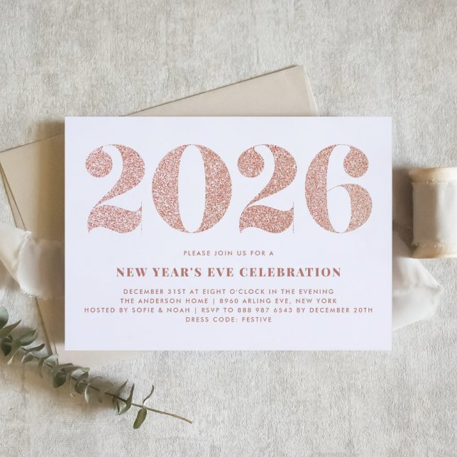 Convites Rosa Dourado Glitter 2024 Partido da Véspera do An (Customizable 2026 New Year's Eve party invitation featuring faux rose gold glitter.)
