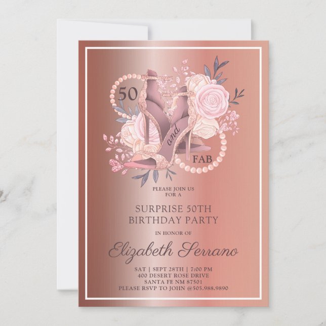 Convites Rosa Dourado Glitter 50º aniversário do Partido Su (Frente)