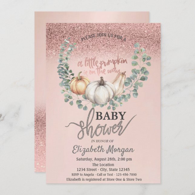 Convites Rosa Dourado Glitter Bokeh,Deixa Chá de fraldas de (Frente/Verso)