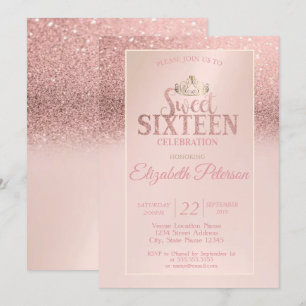 Convites Rosa Dourado Glitter Bokeh Ombre, Festa Tiara Swee