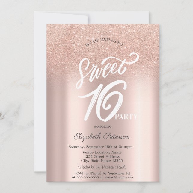 Convites Rosa Dourado Glitter Bokeh Ombre Sweet 16 (Frente)
