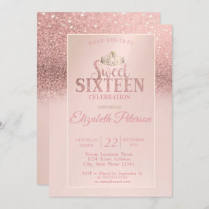 Convites Rosa Dourado Glitter Bokeh Ombre, Tiara Sweet 16 P