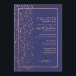 Convites Rosa Dourado Glitter Confetti Side Sweet 16<br><div class="desc">Esse elegante e luxuoso convite de aniversário de dezesseis anos é perfeito para um evento clássico e formal. Ele apresenta um confete brilhante rosa dourado cintilante impresso no lado e na parte superior de uma borda de retângulo fino rosa dourado e fundo azul marinho. É chico, glamouroso, moderno, simples e...</div>