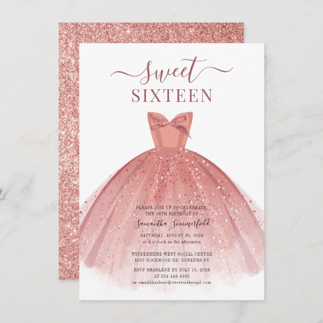 Convites Rosa Dourado Glitter Doce Doce 16 Aniversário (Frente/Verso)