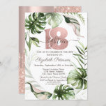 Convites Rosa Dourado Glitter Drives Deixa 18º Aniversário<br><div class="desc">Folhas tropicais de aquarelas com gotas de brilho sobre fundo de rosa.</div>