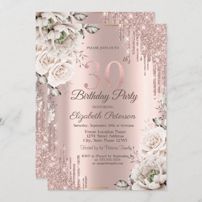 Convites Rosa Dourado,Glitter Drives,White Flowers 30 (Frente/Verso)