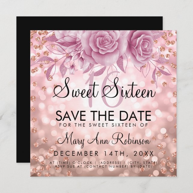 Convites Rosa Dourado Glitter Floral Sweet 16 Salvar A Data (Frente/Verso)