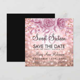 Convites Rosa Dourado Glitter Floral Sweet 16 Salvar A Data