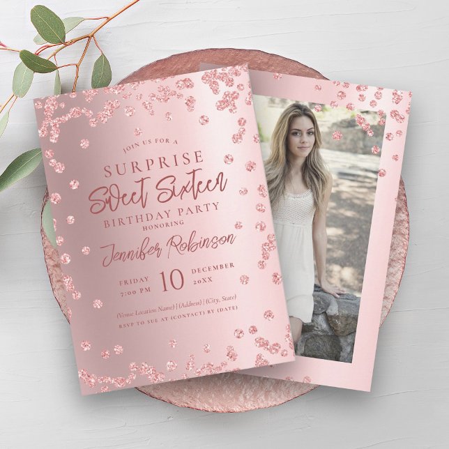 Convites Rosa Dourado Glitter Foto SURPRISE Sweet 16 (Rose Gold Glitter Photo SURPRISE Sweet 16 Invitation)