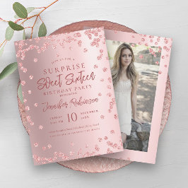 Convites Rosa Dourado Glitter Foto SURPRISE Sweet 16