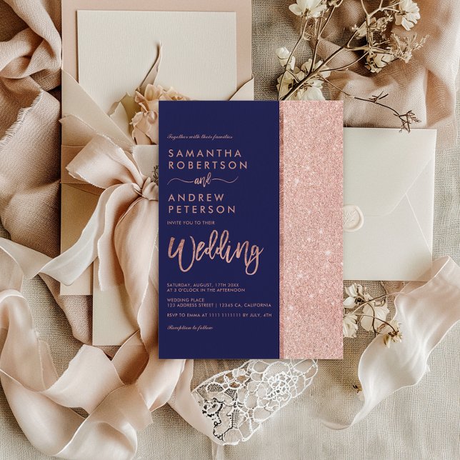 Convites Rosa dourado glitter marinho azul bloco de cores c (Rose gold glitter navy blue color block wedding invitation)