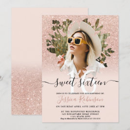 Convites Rosa dourado glitter ombre foto floral Sweet 16