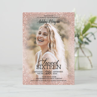 Convites Rosa Dourado Glitter Photo Template Sweet 16 Party