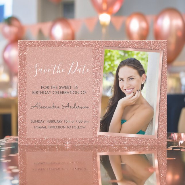Convites Rosa Dourado Glitter Sweet 16 Salve a data (Criador carregado)