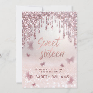 Convites Rosa dourado glittery dris ombre borboleta invitat