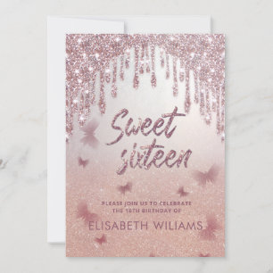 Convites Rosa dourado glittery dris ombre borboleta invitat