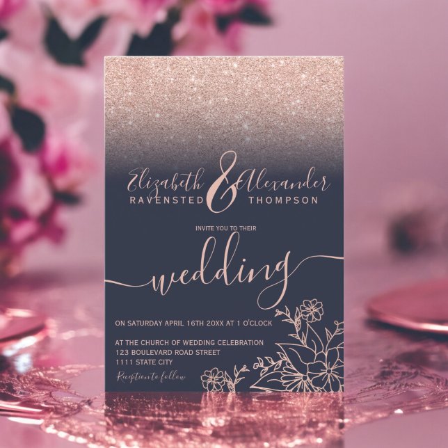 Convites Rosa dourado glória floral marinho azul roteiro ca (Rose gold floral glitter navy blue script wedding invitation)