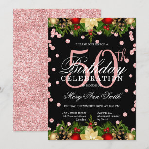 Convites Rosa Dourado Holiday Glitter Glam 50th Birthday