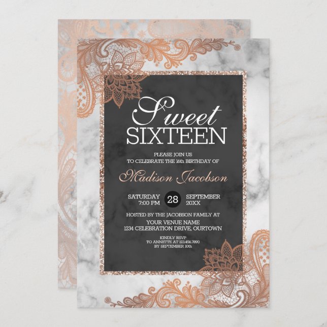 Convites Rosa Dourado Lace e Marble Sweet Party (Frente/Verso)