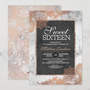 Convites Rosa Dourado Lace e Marble Sweet Party