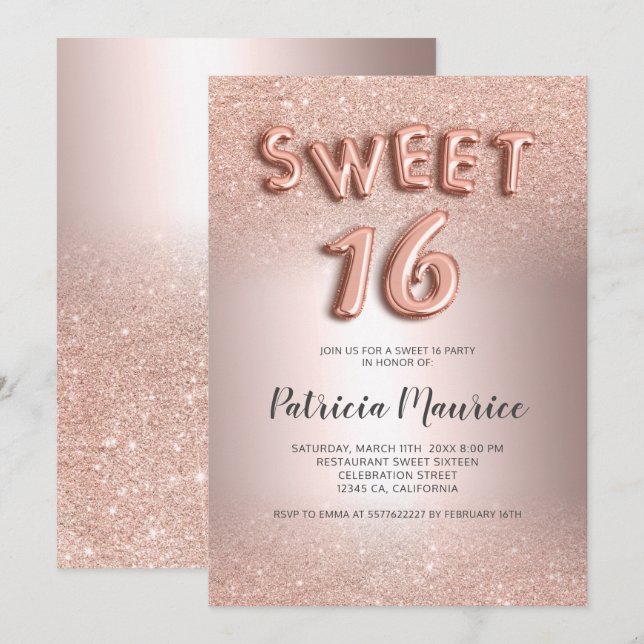 Convites Rosa dourado - letras ombre metálicas doces 16 (Frente/Verso)