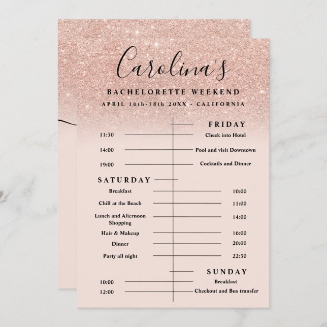 Convites rosa dourado linha de tempo de despedida de soltei (Frente/Verso)