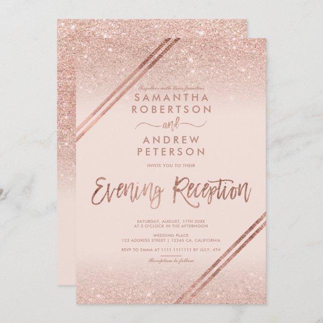 Convites Rosa dourado listras brilhantes blush rosa casamen (Frente/Verso)