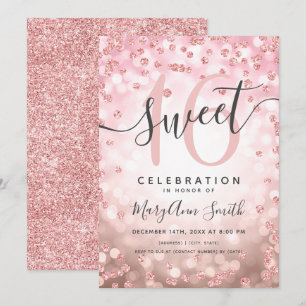 Convites Rosa Dourado Luzes Brilhantes Confetti 16º Anivers