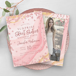 Convites Rosa Dourado Marble Glitter Foto SURPRISE Sweet 16