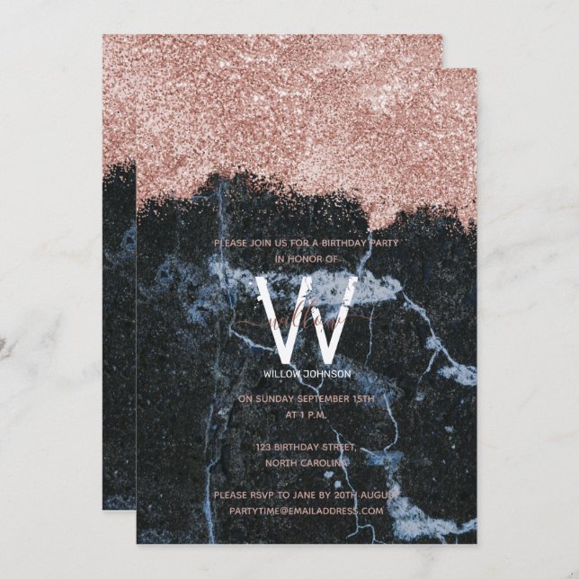 Convites Rosa Dourado Mármaco Negro Brilhante A Qualquer An (Frente/Verso)