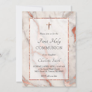 Convites rosa dourado mármore Primeira Comunhão Santa