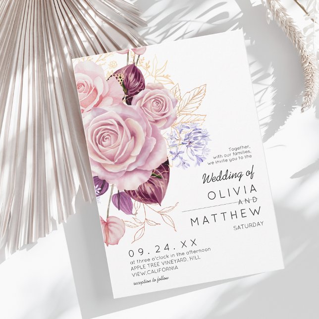 Convites Rosa Dourado Moderno Blush Floral Casamento  (Criador carregado)