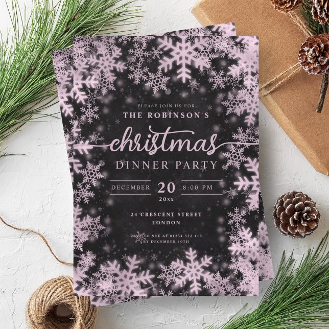 Convites Rosa Dourado Moderno da Marcha das Maravilhas Negr (Modern Rose Gold Winter Wonderland Christmas Black Invitation)