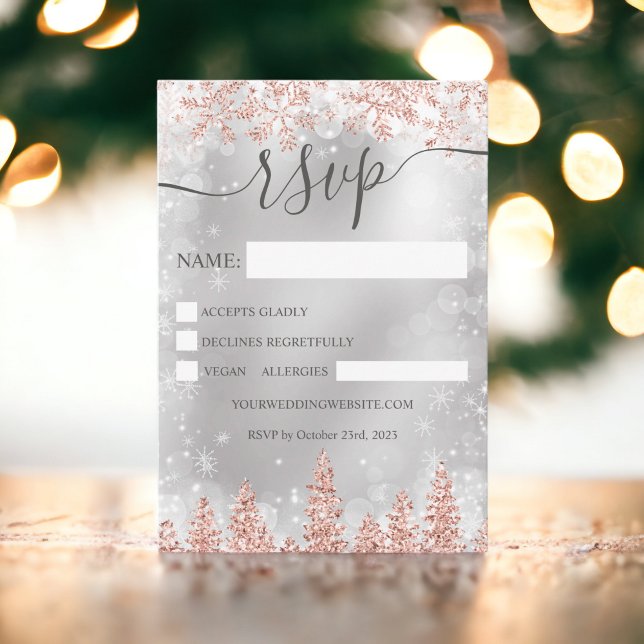 Convites Rosa dourado neve pinheiro azul marinho Natal inve (Rose gold snow pine navy Christmas winter rsvp Invitation)