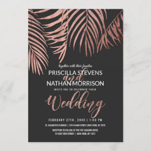 Convites Rosa Dourado Palm Tree Fronds Black Modern Wedds