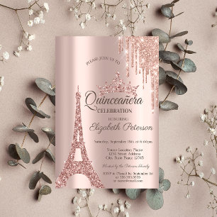 Convites Rosa Dourado Paris Torre Eiffel, Gotas Quinceañera