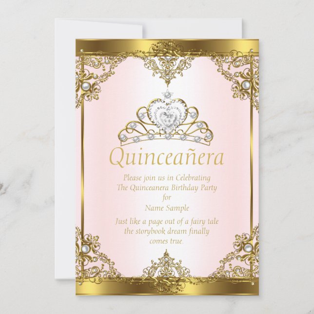 Convites Rosa Dourado Pérola Branca Princesa Quinceanera (Frente)