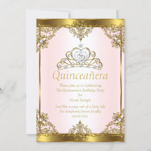 Convites Rosa Dourado Pérola Branca Princesa Quinceanera