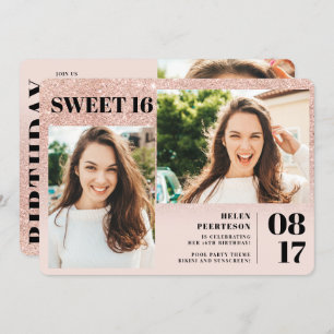 Convites Rosa dourado pincel 3 fotos Doce 16 anos