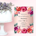 Convites Rosa dourado pincel rosa púrpura aniversário flora<br><div class="desc">Um cartão de convite elegante para uma festa de aniversário 50ª (ou qualquer idade). Com flores rosadas contemporâneas,  cor-de-rosa,  púrpura e rosa douradas,  florais como decoração. Um fundo de gradiente rosa dourado chic. O nome é escrito com um script de estilo escrito à mão em preto.</div>