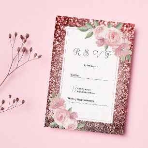 Convites Rosa dourado prata brilho rosa floral RSVP