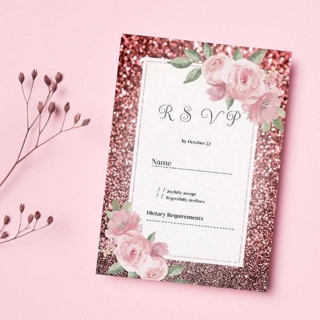 Convites Rosa dourado prata brilho rosa floral RSVP  (Rose gold silver glitter pink floral RSVP )