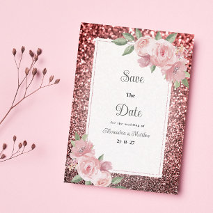 Convites Rosa dourado prata brilho rosa floral Salve A Data