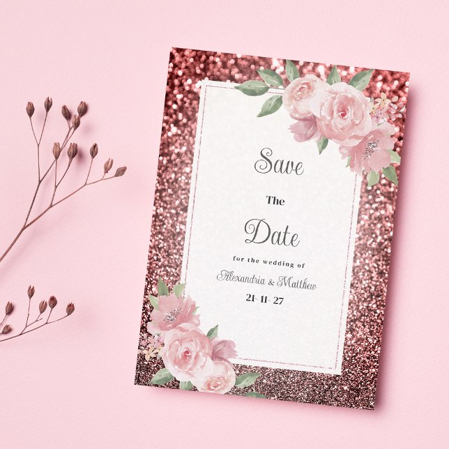 Convites Rosa dourado prata brilho rosa floral Salve A Data (Rose gold silver glitter pink floral Save The Date )
